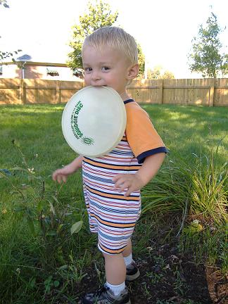 Tristen playing frisbee in the yard.